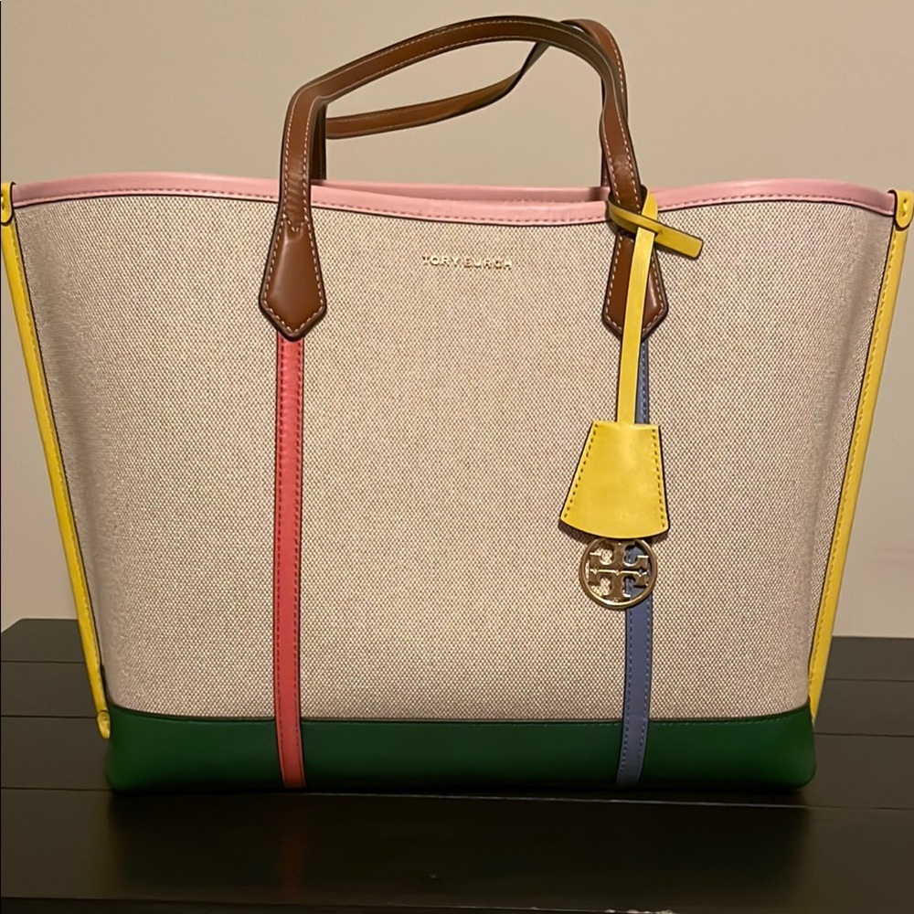 Tory Burch Cream and Pink Tote Bag with Leather Accents